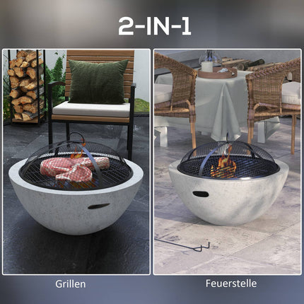 2-in-1 fire bowl and grill table with grill, gray metal