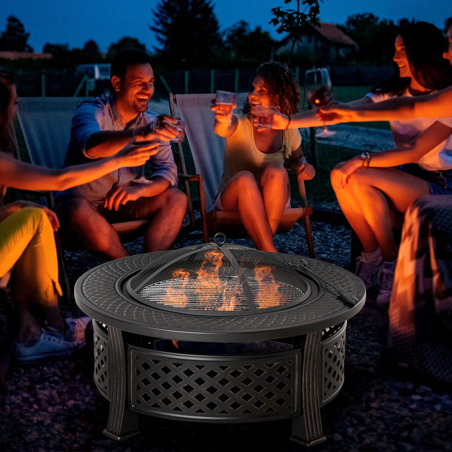 Round steel fireplace with spark protection for garden and barbecue