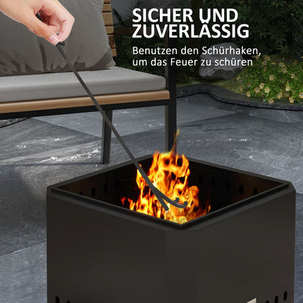 Smokeless square fireplace, black metal, with poker tool