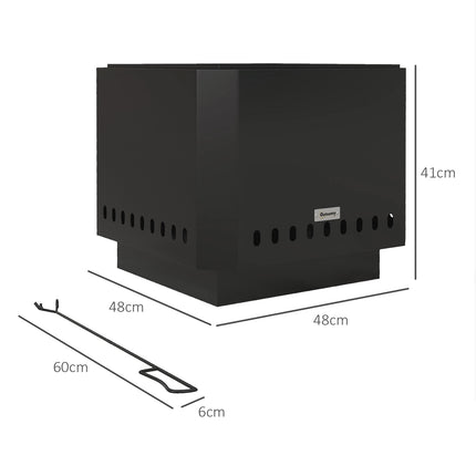Smokeless square fireplace, black metal, with poker tool
