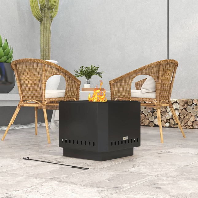 Smokeless square fireplace, black metal, with poker tool