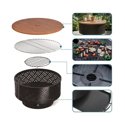 Fire Bowl with Lid & Grill – Black, Garden Use