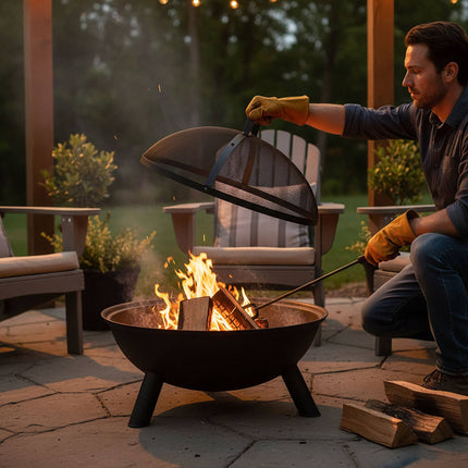 Fire Pit Spark Guard, Round Metal Mesh, Includes Poker