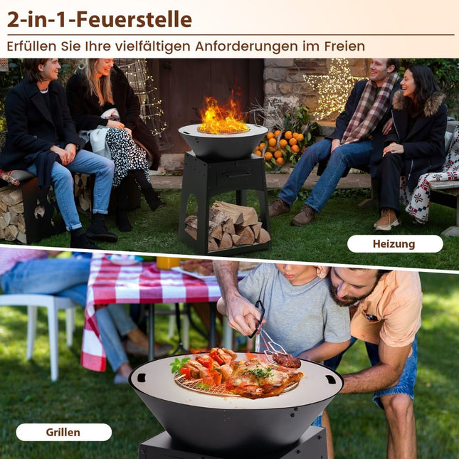 Fire Pit with Grill, Ash Box, Storage – 60x80 cm, Black