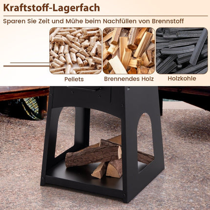 Fire Pit with Grill, Ash Box, Storage – 60x80 cm, Black
