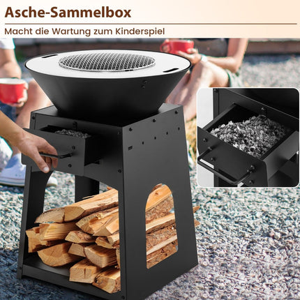 Fire Pit with Grill, Ash Box, Storage – 60x80 cm, Black