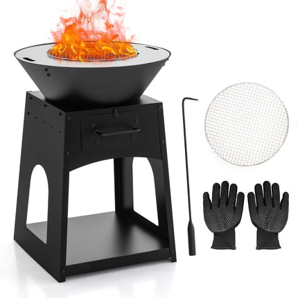 Fire Pit with Grill, Ash Box, Storage – 60x80 cm, Black