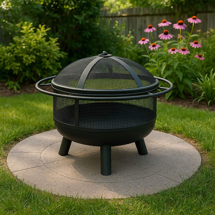 Fire Pit with Spark Guard & Poker – Black Metal Bowl