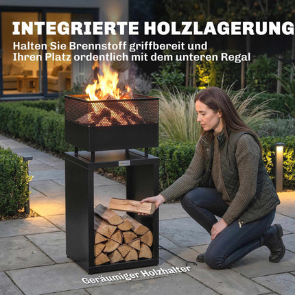 Fire Pit with Wood Storage, Adjustable Feet, 39x39x87 cm