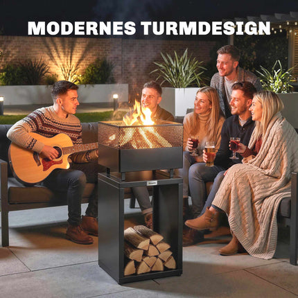 Fire Pit with Wood Storage, Adjustable Feet, 39x39x87 cm