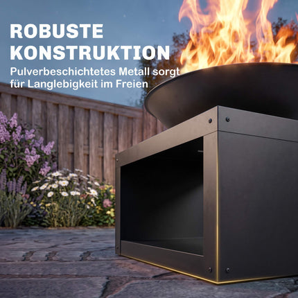 Fire Pit with Wood Storage, Metal, Black, Ø59 cm