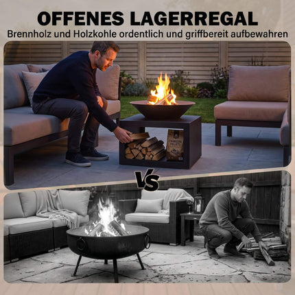 Fire Pit with Wood Storage, Metal, Black, Ø59 cm