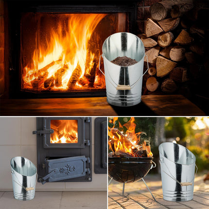 Fireplace Ash Bucket with Shovel – Silver Metal