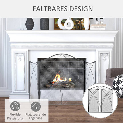 Folding black metal fireplace cover, 3-panel, 126 x 76cm