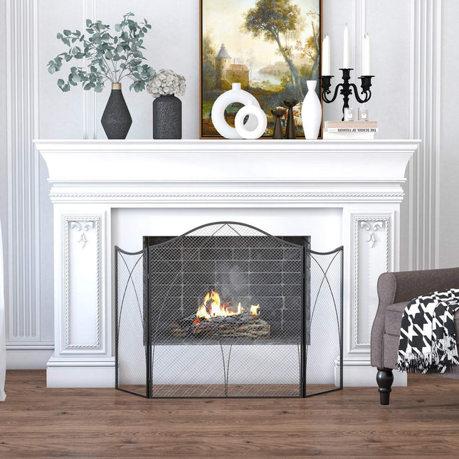 Folding black metal fireplace cover, 3-panel, 126 x 76cm