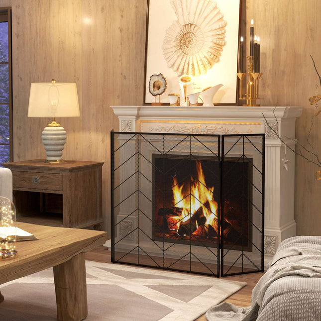 Folding steel fireplace cover with 3 panels, 135 x 85 cm