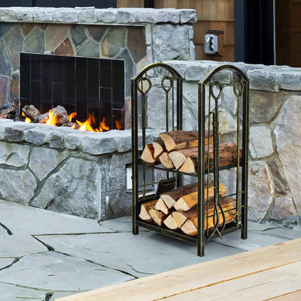 Fireplace Log Rack with Tools, Bronze Wrought Iron