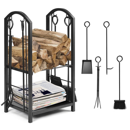 Fireplace Log Rack with Tools Set – Wrought Iron, Black