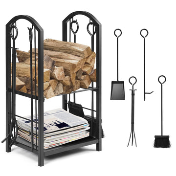Fireplace Log Rack with Tools Set – Wrought Iron, Black
