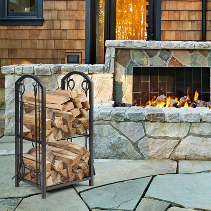 Fireplace Log Rack with Tools Set – Wrought Iron, Black