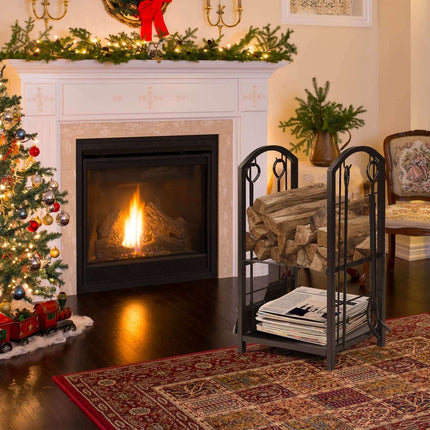 Fireplace Log Rack with Tools Set – Wrought Iron, Black