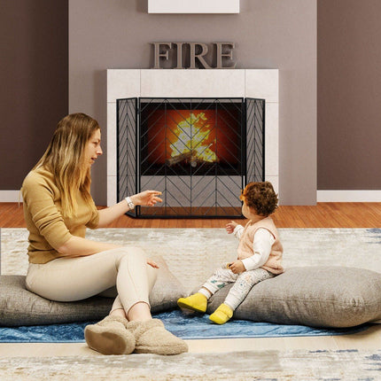 Fireplace Screen, 3-Panel Foldable Metal Frame, 133 x 78 cm