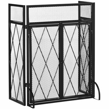 Fireplace Screen, Foldable 3-Panel, Black Metal 120x79 cm