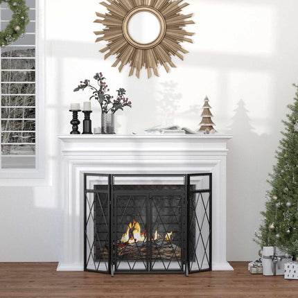 Fireplace Screen, Foldable 3-Panel, Black Metal 120x79 cm