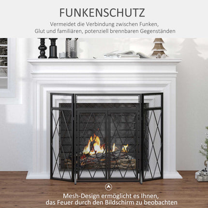 Fireplace Screen, Foldable 3-Panel, Black Metal 120x79 cm