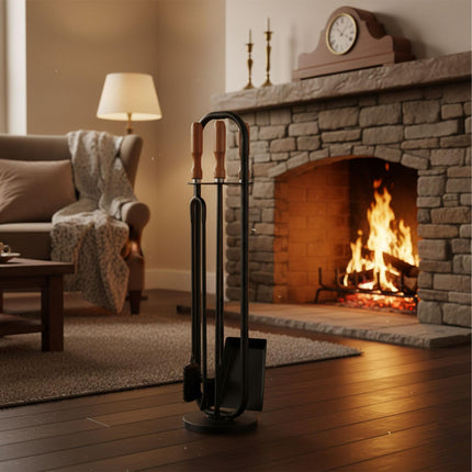 Fireplace Tool Set, 5-Piece, Wood Handles