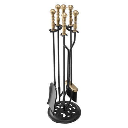 Fireplace Tool Set, 5-Piece Wrought Iron Stand, Black, Brass