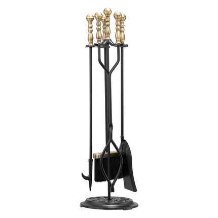 Fireplace Tool Set, 5-Piece Wrought Iron Stand, Black, Brass