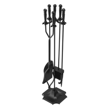 Fireplace Tool Set, 5-Piece Wrought Iron Stand, Black