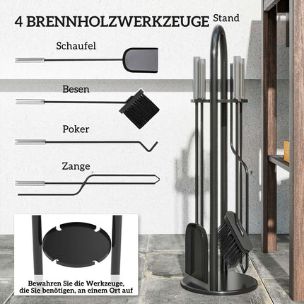 Fireplace Tool Set, 5-Piece with Stand, Brush, Shovel, Poker, Tongs