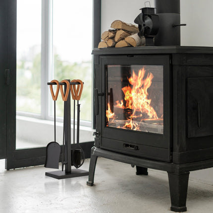 Fireplace Tools Set with Metal Stand and Leather Handles