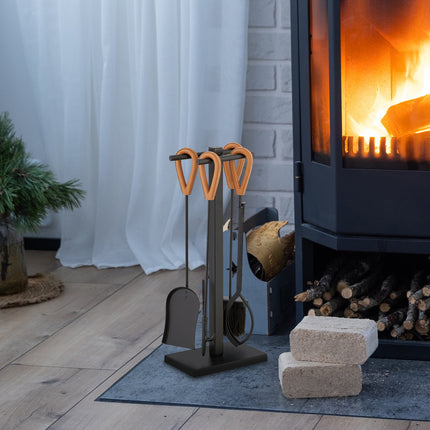 Fireplace Tools Set with Metal Stand and Leather Handles