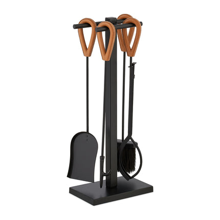 Fireplace Tools Set with Metal Stand and Leather Handles
