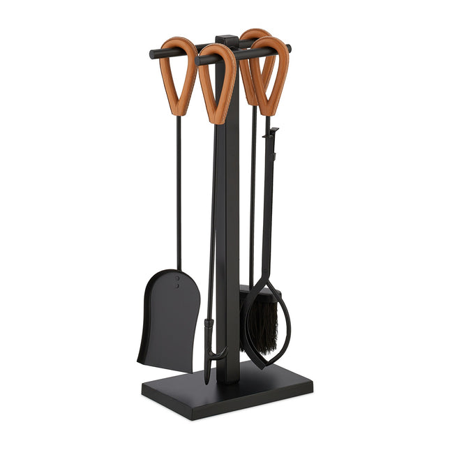 Fireplace Tools Set with Metal Stand and Leather Handles