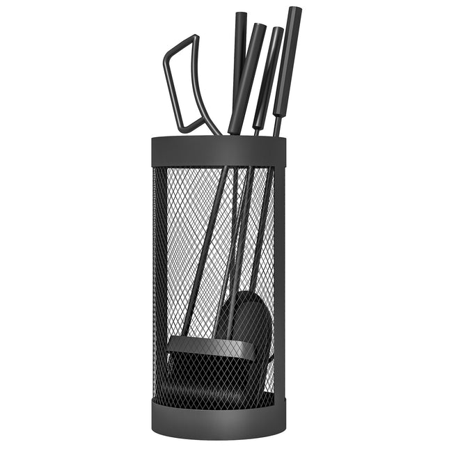 5 Piece Black Metal Stove Tool Set with Basket