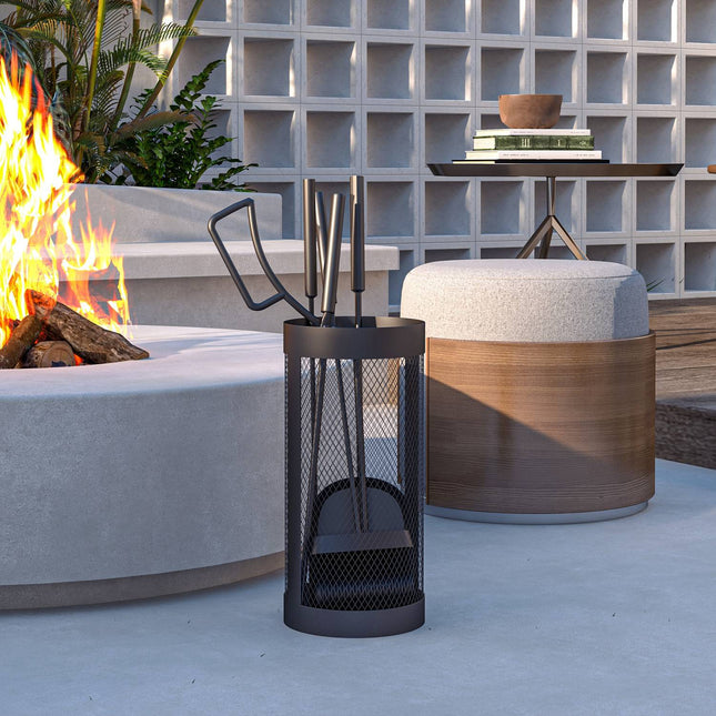 5 Piece Black Metal Stove Tool Set with Basket