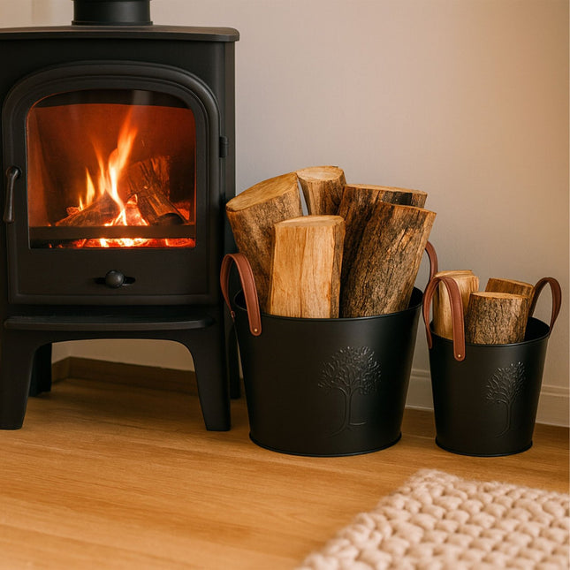 Firewood Baskets, 2 Pcs, Black Metal, Leather Handles