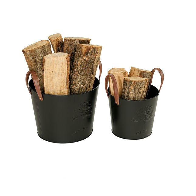 Firewood Baskets, 2 Pcs, Black Metal, Leather Handles