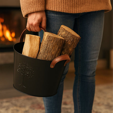 Firewood Baskets, 2 Pcs, Black Metal, Leather Handles