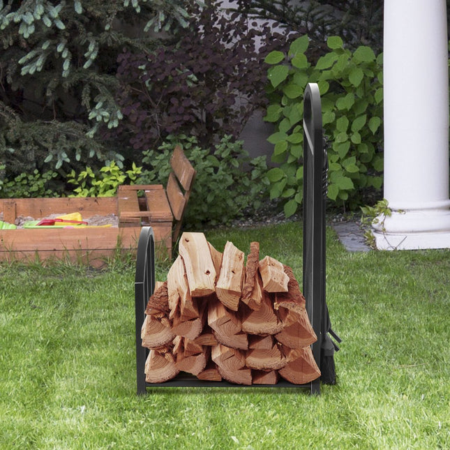 Firewood Log Rack with 4 Fireplace Tools, Steel, Black