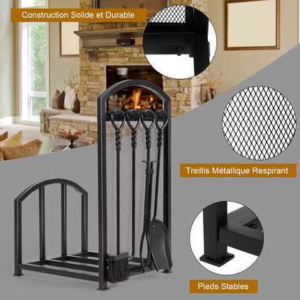 Firewood Log Rack with 4 Fireplace Tools, Steel, Black
