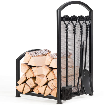 Firewood Log Rack with 4 Fireplace Tools, Steel, Black