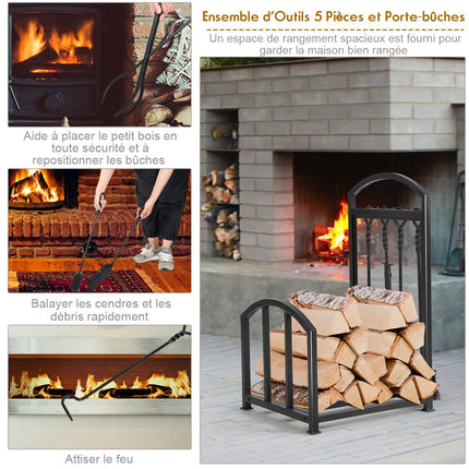 Firewood Log Rack with 4 Fireplace Tools, Steel, Black
