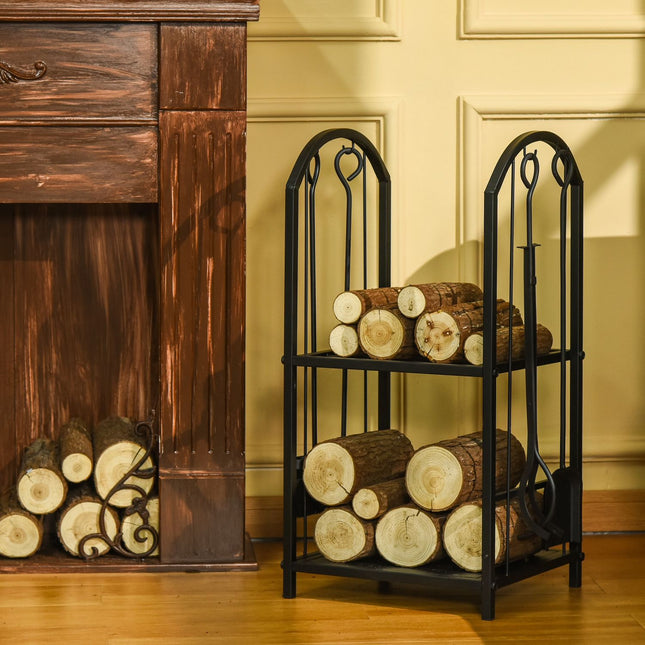 Two-tier firewood rack with tools - 41.5 x 32.5 x 74.5 cm