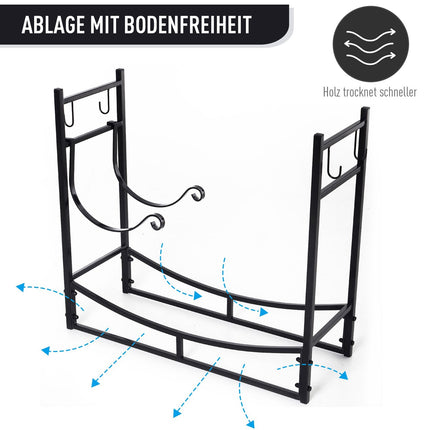 Wood rack, 2-layer metal with hooks, 84x33x76 cm