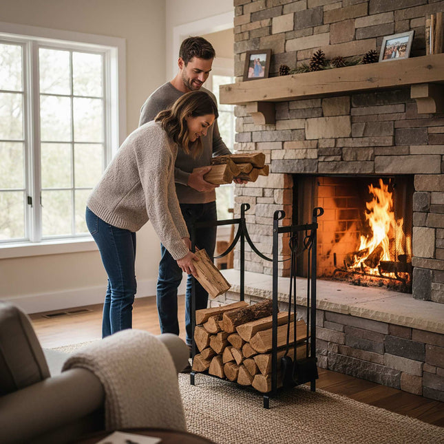 Firewood Rack with Fireplace Tools – Indoor Storage Solution